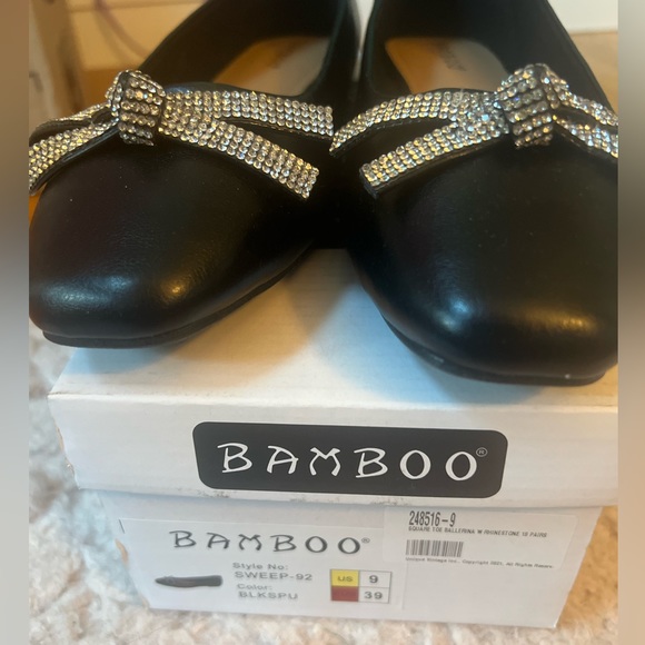 Unique Vintage Bamboo Black & Silver Rhinestone Bow Ballerina Flats - Picture 3 of 5
